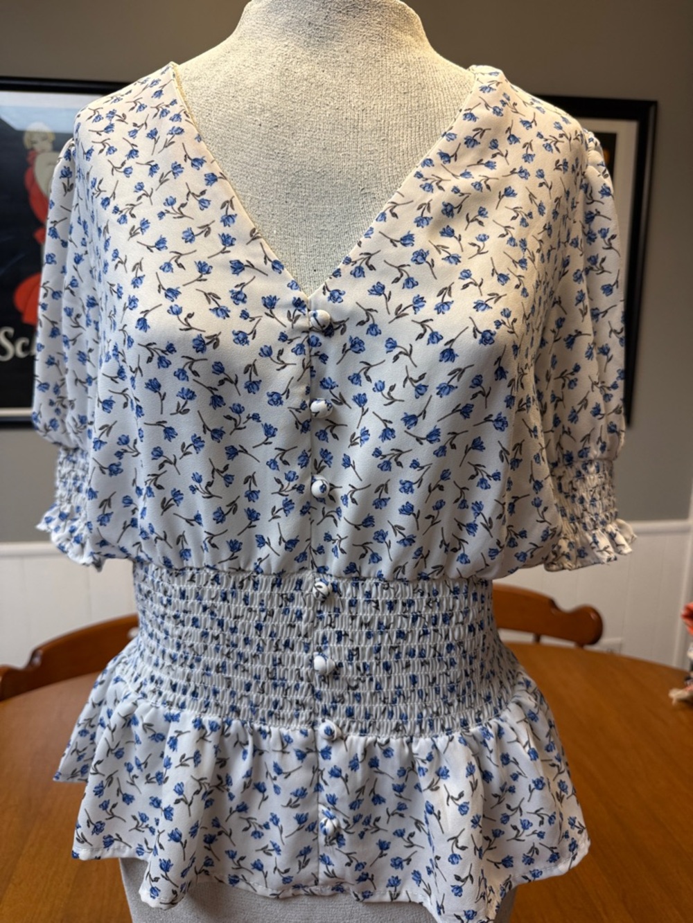 Sienna Sky White Floral Smocked Peplum Blouse with Blue Print